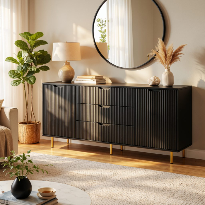 Comoda Linea Noir, 3 sertare, 2 usi, MDF frezat negru mat [5]