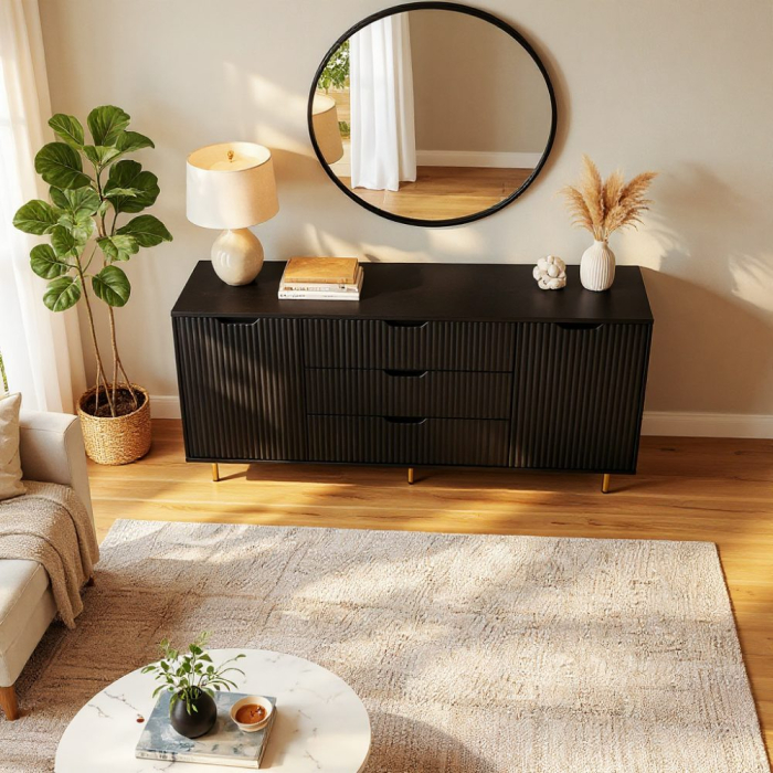 Comoda Linea Noir, 3 sertare, 2 usi, MDF frezat negru mat [3]