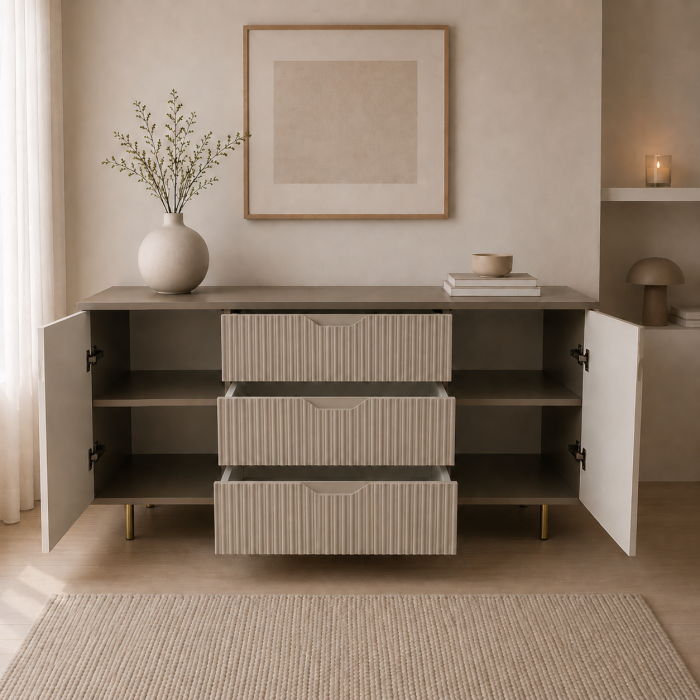 Comoda Luna, greige, 2 usi, 3 sertare, MDF frezat vopsit [2]