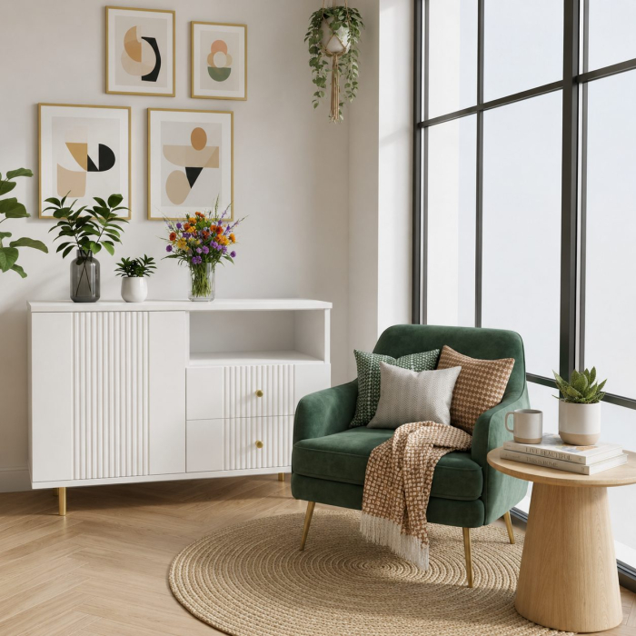 Comoda Rivo, Alb, 1 usa, 2 sertare, MDF riflaj vopsit [3]