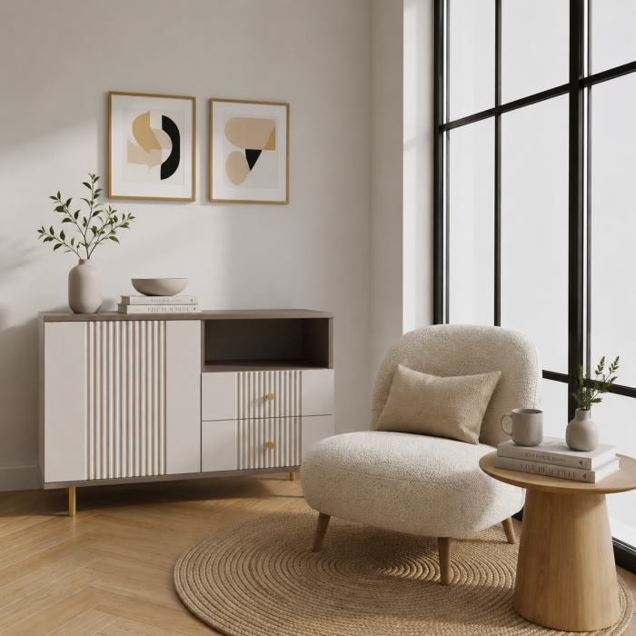 Comoda Rivo, greige, 1 usa, 2 sertare, MDF riflaj vopsit [2]