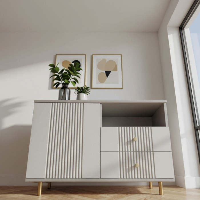 Comoda Rivo, greige, 1 usa, 2 sertare, MDF riflaj vopsit [2]