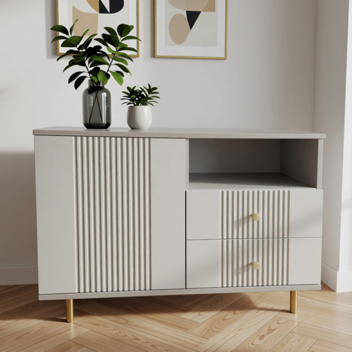 Comoda Rivo, greige, 1 usa, 2 sertare, MDF riflaj vopsit [4]