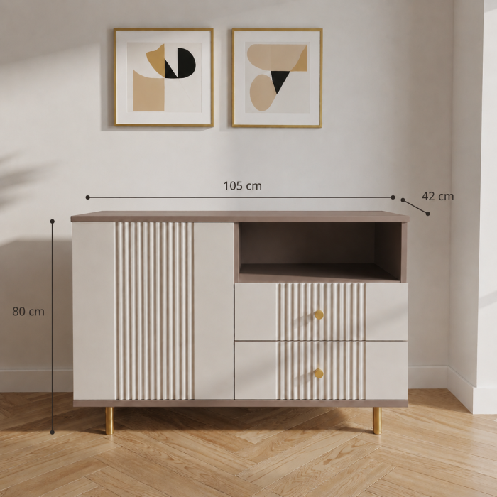 Comoda Rivo, greige, 1 usa, 2 sertare, MDF riflaj vopsit [5]