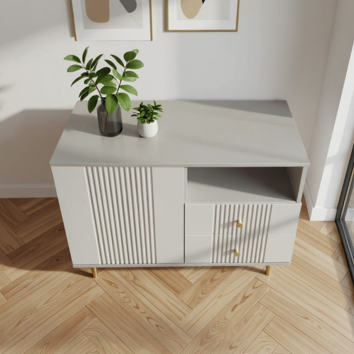 Comoda Rivo, greige, 1 usa, 2 sertare, MDF riflaj vopsit [3]