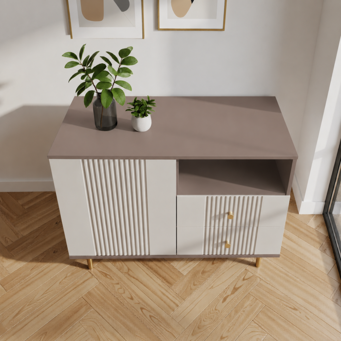 Comoda Rivo, greige, 1 usa, 2 sertare, MDF riflaj vopsit [3]