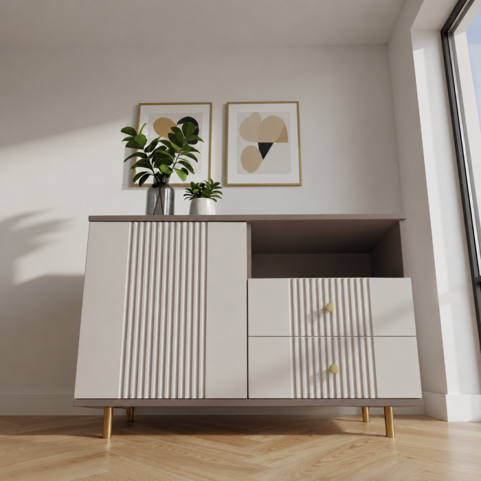 Comoda Rivo, greige, 1 usa, 2 sertare, MDF riflaj vopsit [4]