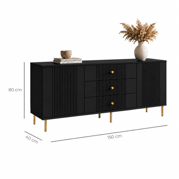 Comoda Rivo, Negru, 2 usi, 3 sertare, MDF riflaj vopsit [5]