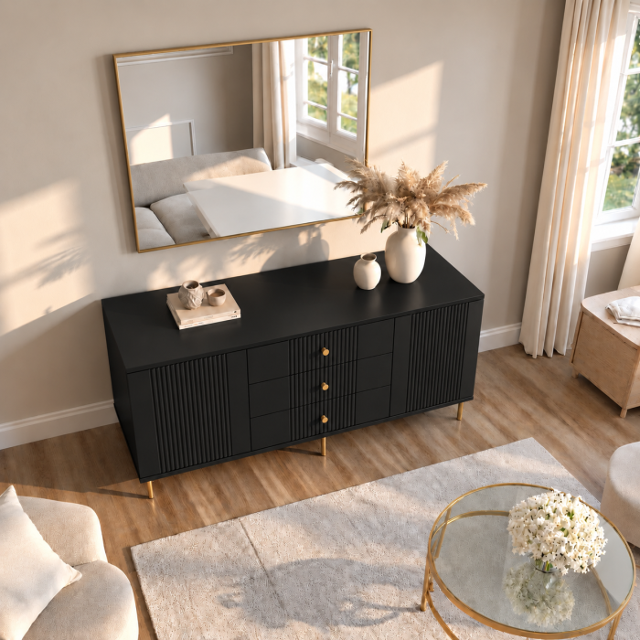 Comoda Rivo, Negru, 2 usi, 3 sertare, MDF riflaj vopsit [4]