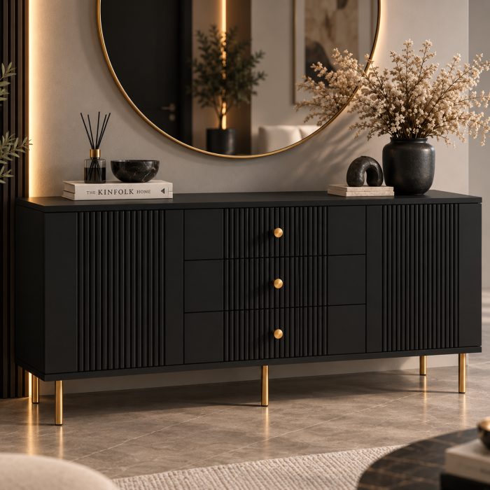Comoda Rivo, Negru, 2 usi, 3 sertare, MDF riflaj vopsit [2]