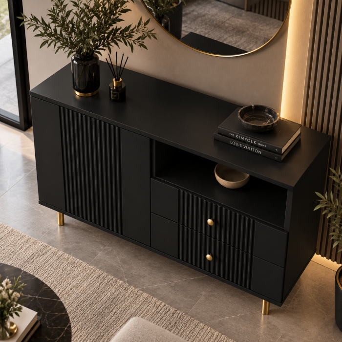 Comoda Rivo, Simpla,  Negru, MDF riflaj vopsit [2]