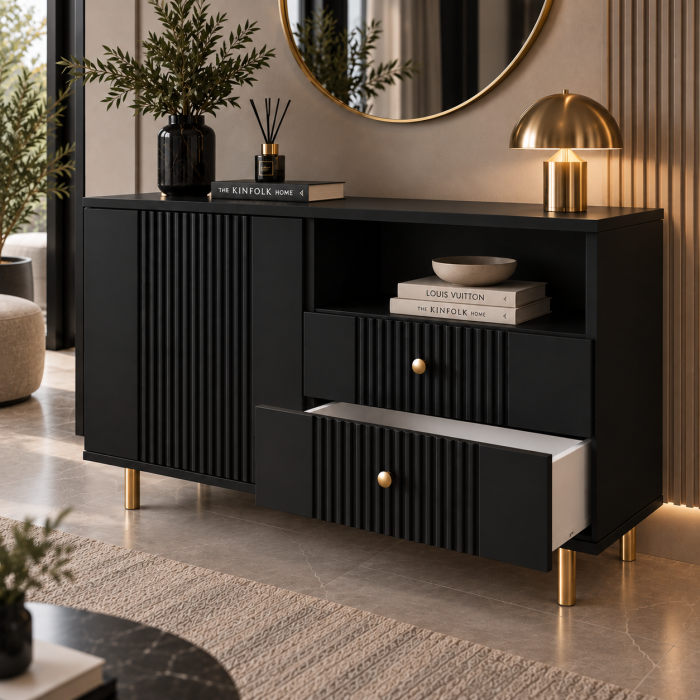 Comoda Rivo, Simpla,  Negru, MDF riflaj vopsit [3]