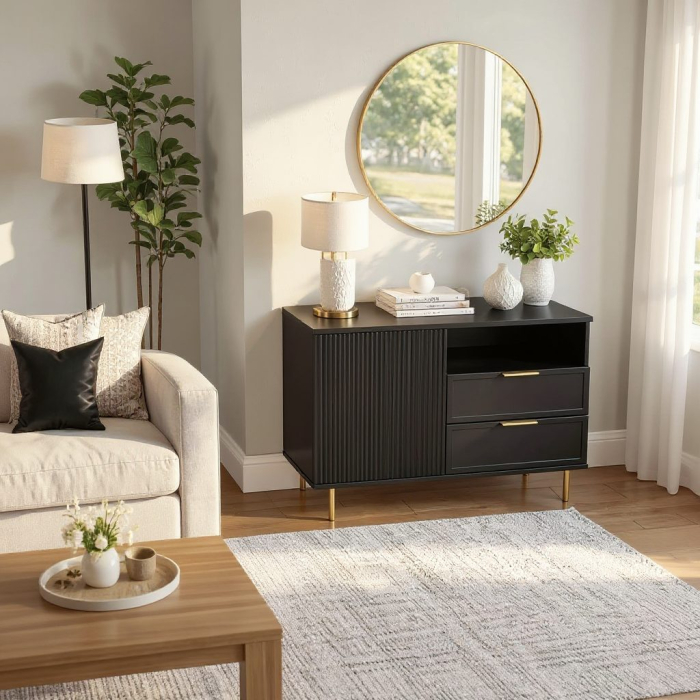Comoda Soft, negru, 1 usa, 2 sertare, MDF frezat vopsit [2]
