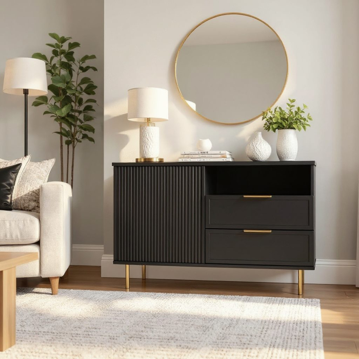 Comoda Soft, negru, 1 usa, 2 sertare, MDF frezat vopsit [3]