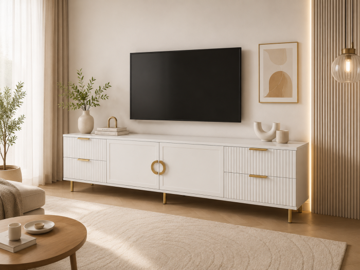 Comoda TV Rina, Alb, 2 usi 4 sertare, MDF Vopsit [2]