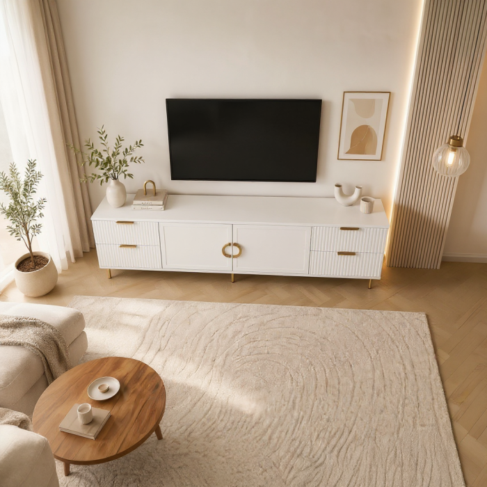 Comoda TV Rina, Alb, 2 usi 4 sertare, MDF Vopsit [2]