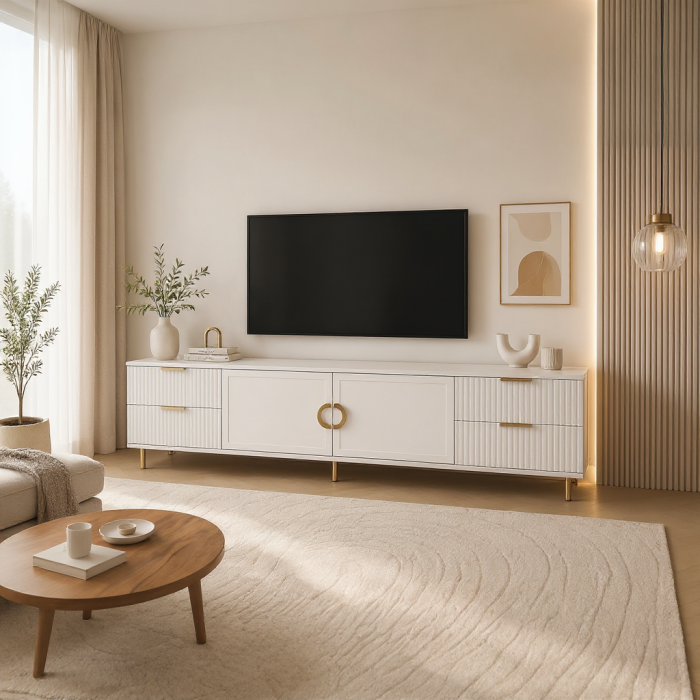 Comoda TV Rina, Alb, 2 usi 4 sertare, MDF Vopsit [3]