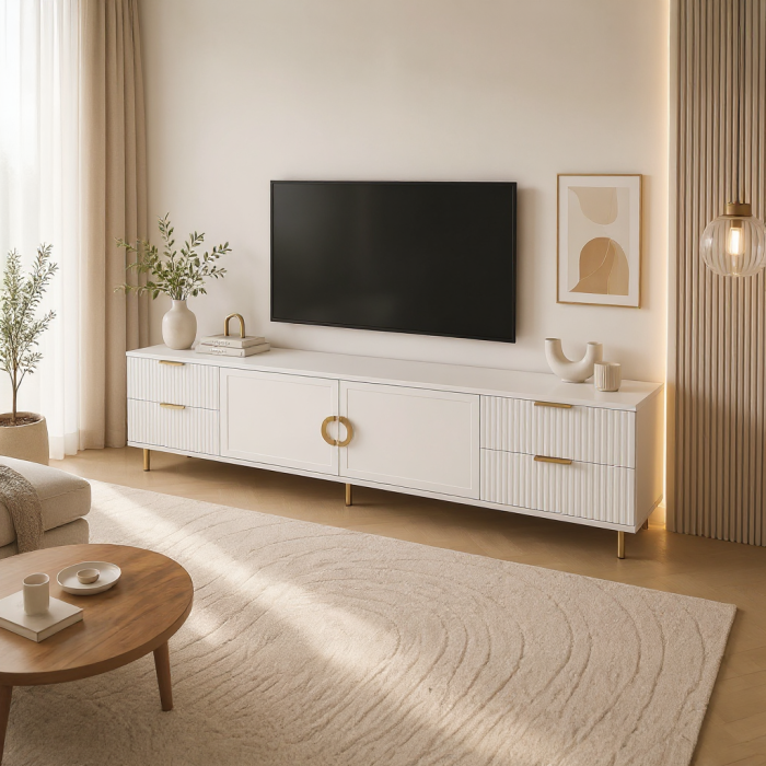 Comoda TV Rina, Alb, 2 usi 4 sertare, MDF Vopsit [4]