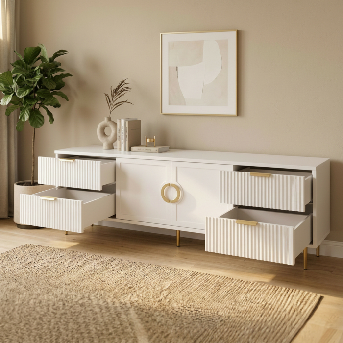 Comoda TV Rina, Alb, 2 usi 4 sertare, MDF Vopsit [5]