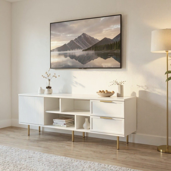 Comoda TV Soft, alb, 1 usa riflaj, 2 sertare, MDF frezat vopsit [5]
