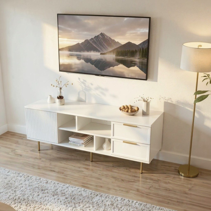 Comoda TV Soft, alb, 1 usa riflaj, 2 sertare, MDF frezat vopsit [4]