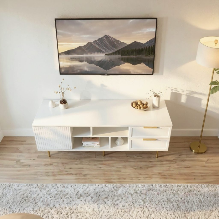 Comoda TV Soft, alb, 1 usa riflaj, 2 sertare, MDF frezat vopsit [3]