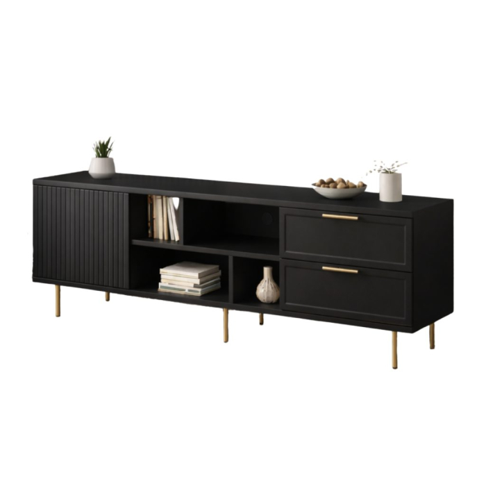 Comoda TV Soft, negru, 1 usa riflaj, 2 sertare, MDF frezat vopsit [7]