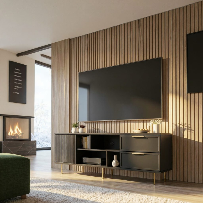 Comoda TV Soft, negru, 1 usa riflaj, 2 sertare, MDF frezat vopsit [2]