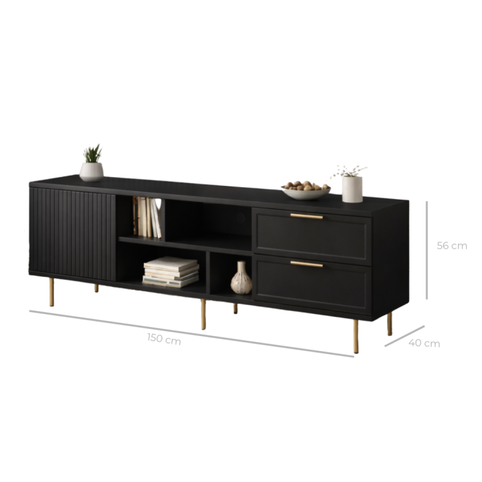 Comoda TV Soft, negru, 1 usa riflaj, 2 sertare, MDF frezat vopsit [6]