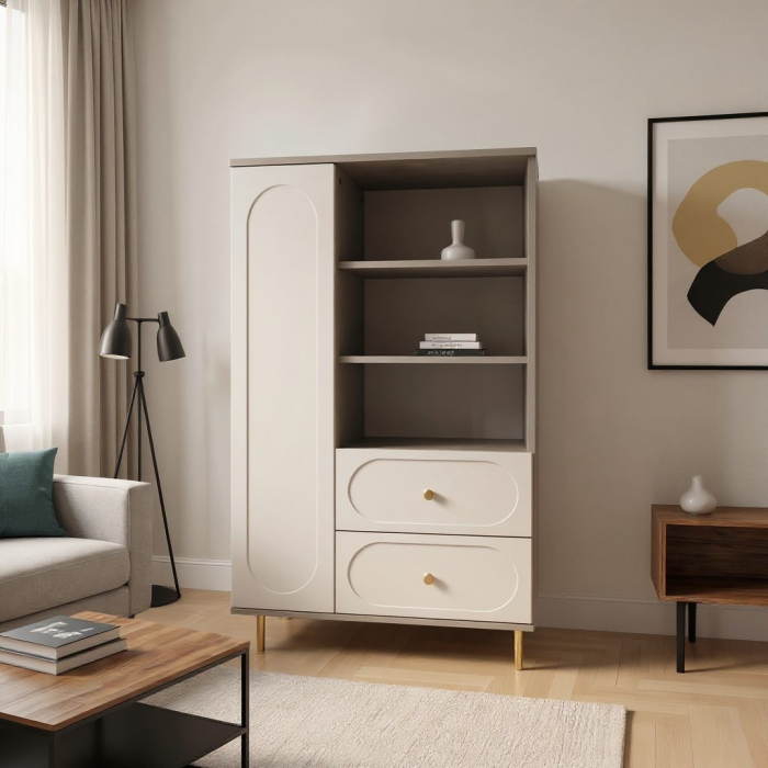 Dulap Living Cleo, greige, 1 usa, 2 sertare, MDF vopsit [3]