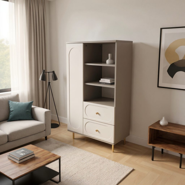 Dulap Living Cleo, greige, 1 usa, 2 sertare, MDF vopsit [4]