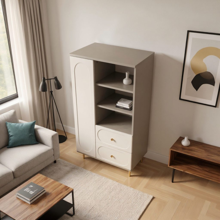 Dulap Living Cleo, greige, 1 usa, 2 sertare, MDF vopsit [2]