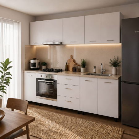 Mobilier Bucatarie - Bucatarie Aura 2.4 M, alb, blat termorezistent