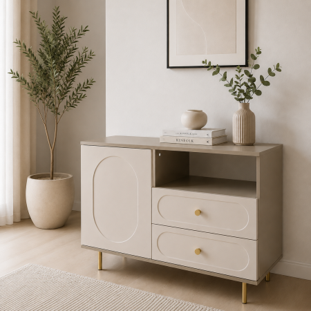 Comode - Comoda Cleo, greige, 1 usa, 2 sertare, MDF vopsit