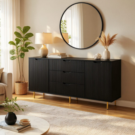 Comode - Comoda Linea Noir, 3 sertare, 2 usi, MDF frezat negru mat