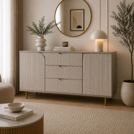Comode - Comoda Luna, greige, 2 usi, 3 sertare, MDF frezat vopsit