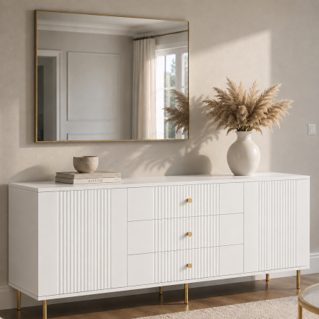Comode - Comoda Rivo, Alb , 2 usi, 3 sertare, MDF riflaj vopsit