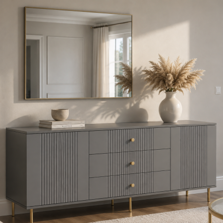 Comode - Comoda Rivo, Antracit , 2 usi, 3 sertare, MDF riflaj vopsit