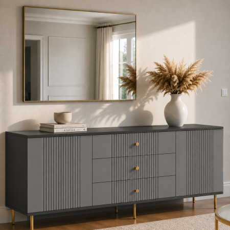 Comode - Comoda Rivo, Antracit , 2 usi, 3 sertare, MDF riflaj vopsit