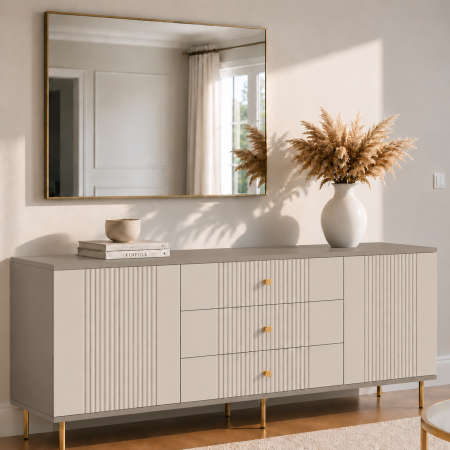 Comode - Comoda Rivo, Casmir Bazalt, 2 usi, 3 sertare, MDF riflaj vopsit