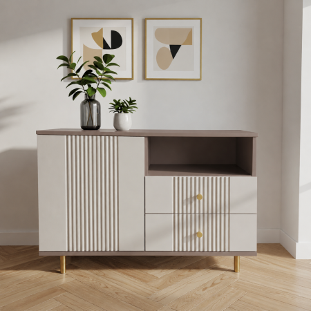 Comode - Comoda Rivo, greige, 1 usa, 2 sertare, MDF riflaj vopsit