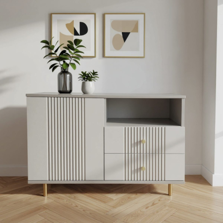 Comode - Comoda Rivo, greige, 1 usa, 2 sertare, MDF riflaj vopsit