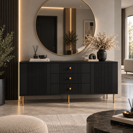 Comode - Comoda Rivo, Negru, 2 usi, 3 sertare, MDF riflaj vopsit