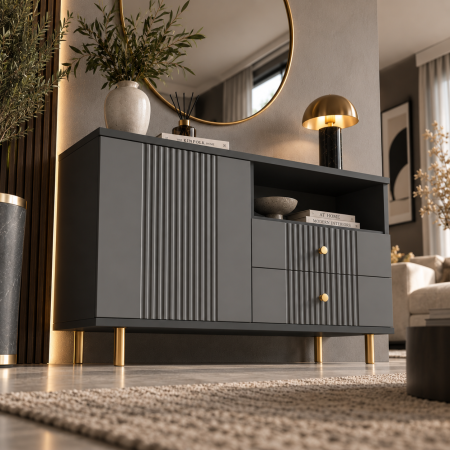 Comode - Comoda Rivo, Simpla, Gri Antracit, MDF riflaj vopsit