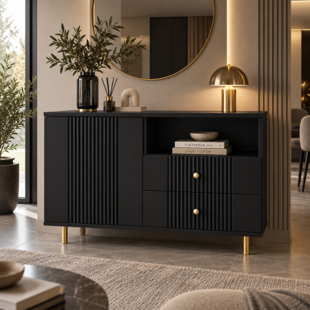 Comode - Comoda Rivo, Simpla,  Negru, MDF riflaj vopsit