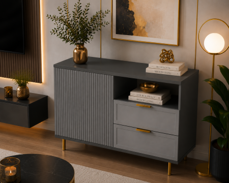Comoda Soft, antracit, 1 usa, 2 sertare, MDF frezat vopsit