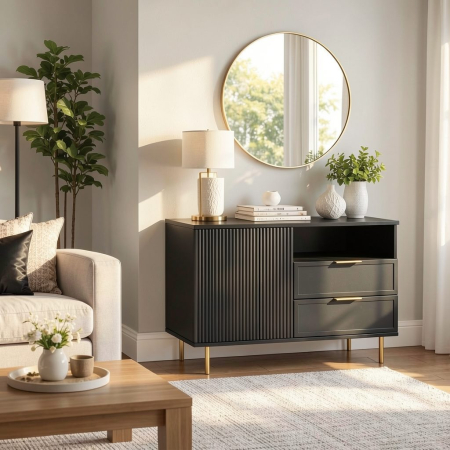 Comode - Comoda Soft, negru, 1 usa, 2 sertare, MDF frezat vopsit