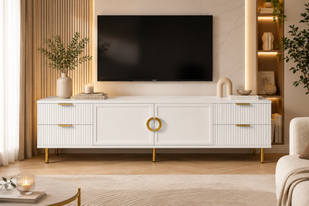 Comode - Comoda TV Rina, Alb, 2 usi 4 sertare, MDF Vopsit