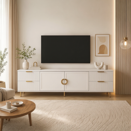 Comode - Comoda TV Rina, Alb, 2 usi 4 sertare, MDF Vopsit
