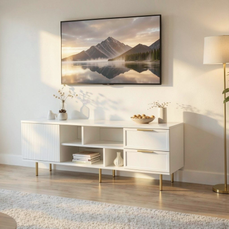 Comode - Comoda TV Soft, alb, 1 usa riflaj, 2 sertare, MDF frezat vopsit